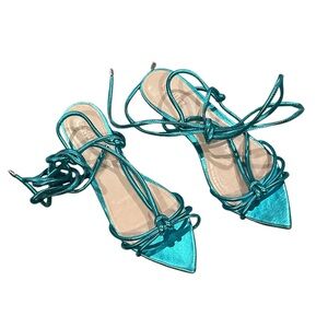 SCHUTZ LACE-UP METALLIC TURQUOISE BLUE STRAPPY POINTED TOE FLAT SANDAL SHOES 38